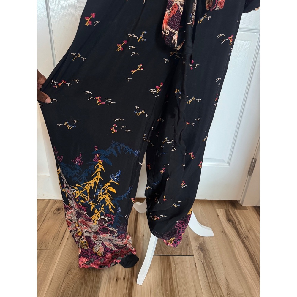Anthropologie Feather Bone Wide Leg Jumpsuit Black Floral Boho V-Neck Size 14 - Picture 6 of 9